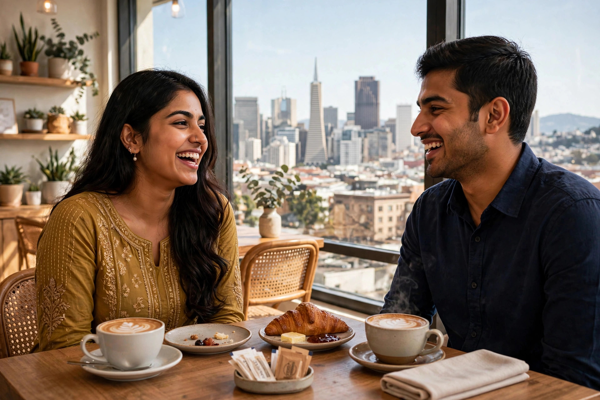 A young couple laughing over coffee with the San Francisco skyline behind them