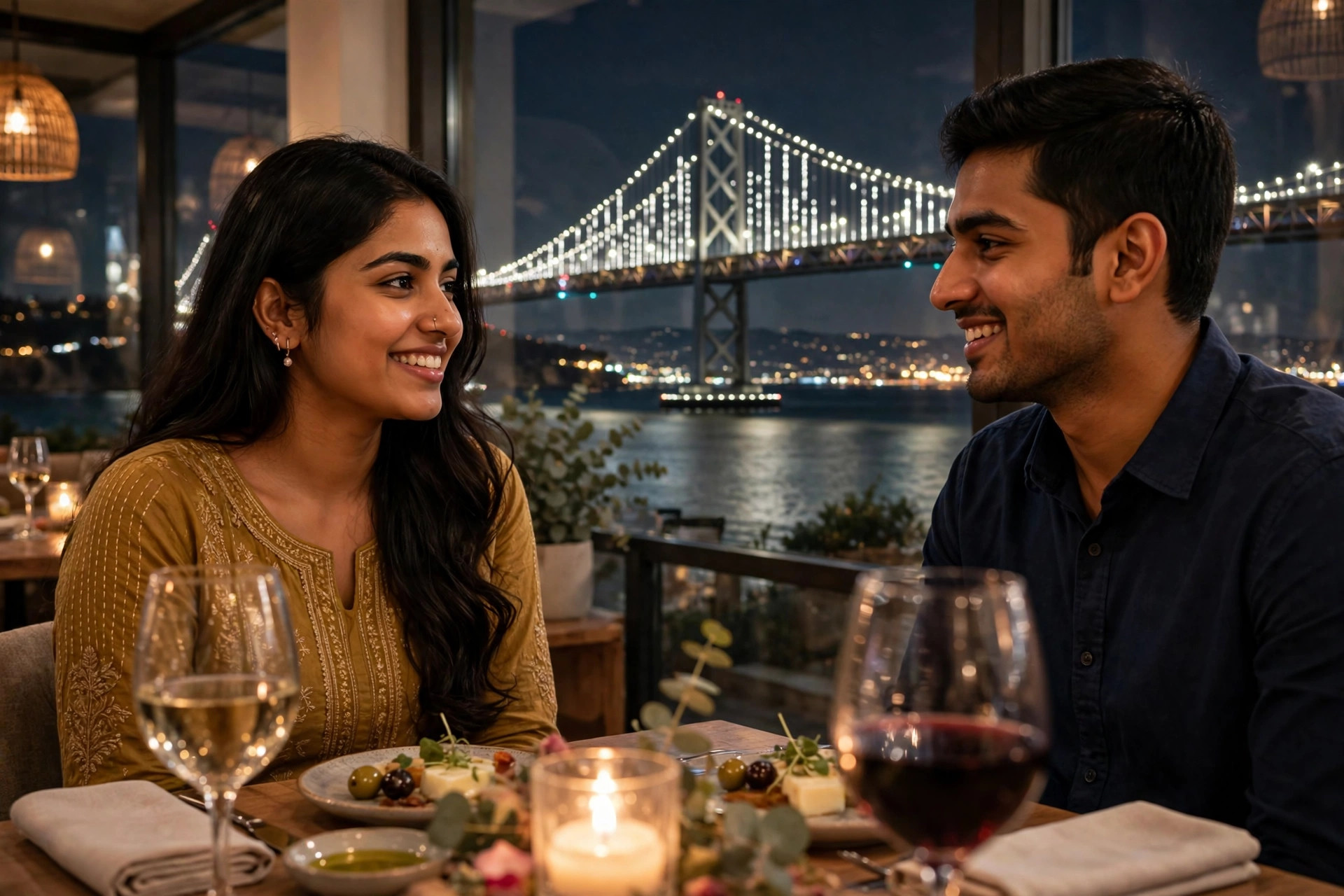 A young couple on a candlelit dinner date with the Bay Bridge behind them
