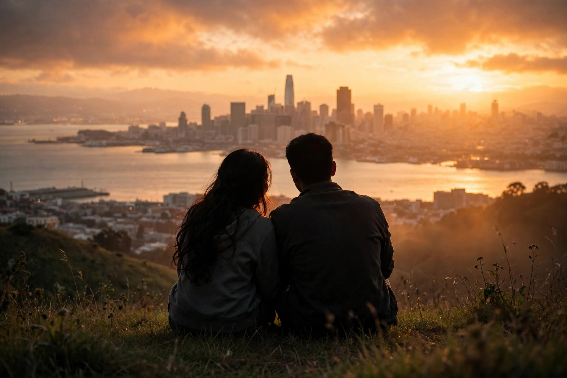A young couple watching the sunset over the Bay