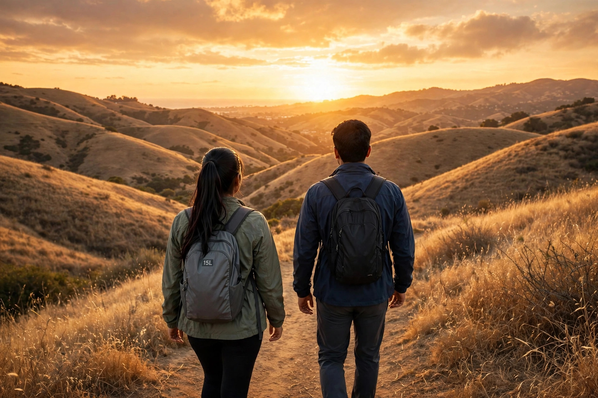 A young couple hiking golden hills at sunset