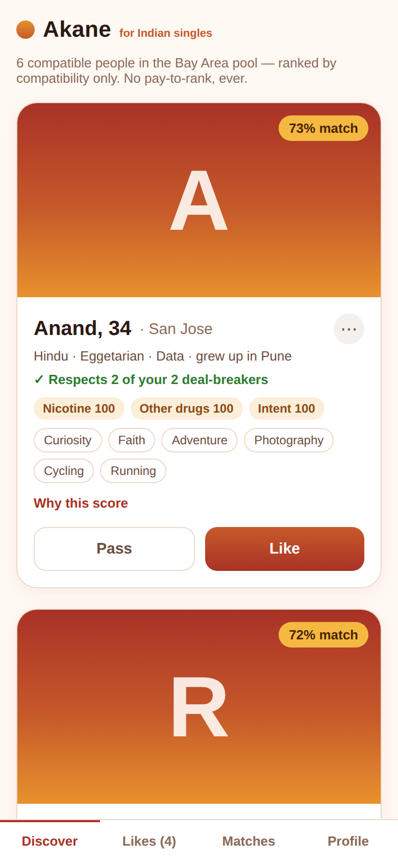 The Akane app discovery feed — a profile card showing a 73% match