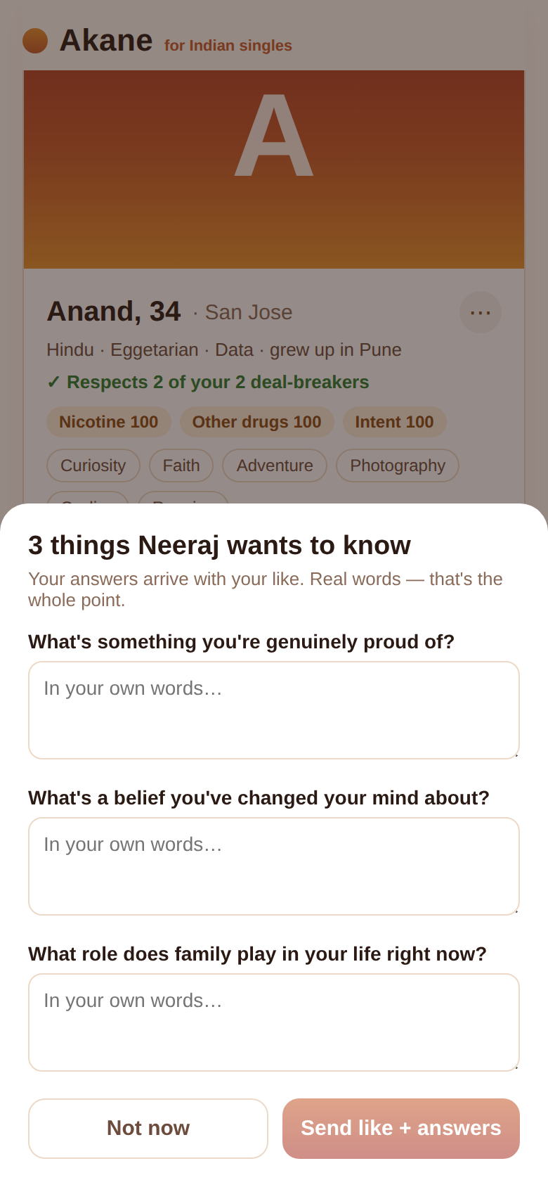 Inside the Akane app — answering three questions to send a like